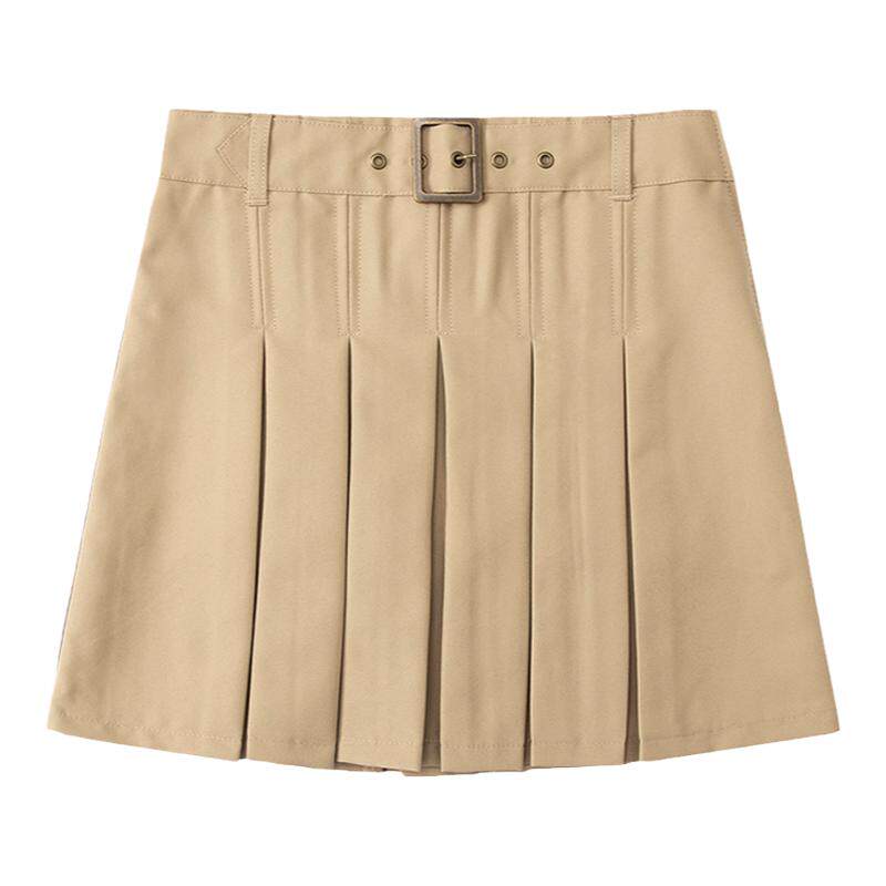 卡其色五分裤红色格子裙校服套装