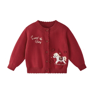 儿童外套女童毛衣针织开衫春秋2026新款保暖毛线衣冬宝宝红色衣服