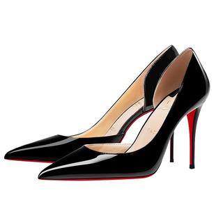 LUKE尖头气质侧空漆皮CL红底高跟鞋2026新款黑色浅口职业单鞋女