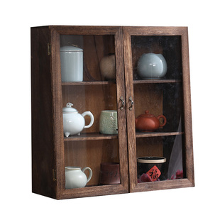 实木茶柜防尘茶杯架玻璃小博古架桌面置物架茶壶柜茶具收纳盒复古