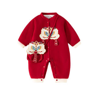 婴儿周岁衣服春季宝宝连体衣喜庆小月龄春装外出满月百天爬爬服春