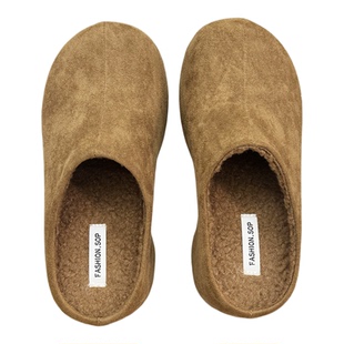 2025冬季新款马蹄跟厚底内增高加绒勃肯半拖鞋外穿小个子毛毛棉拖