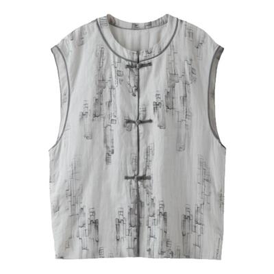 复古文艺亚麻印花盘扣新中式马甲