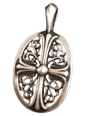 泰银蔓藤十字架镂空椭圆吊坠项链