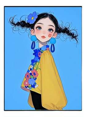 中国风插画美女ins高颜值女孩卡通新款客厅挂画儿童房卧室装饰画