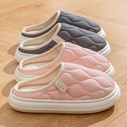 家用拖鞋春秋冬季四季女情侣家居家防滑室内透气棉麻布亚麻厚底男