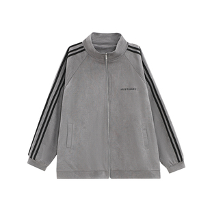 【王子奇同款】INSstudios条纹麂皮绒立领夹克宽松休闲拉链外套男