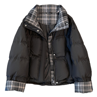 版型好看灰色立领面包羽绒服女加厚保暖2025冬装新款格纹拼接外套