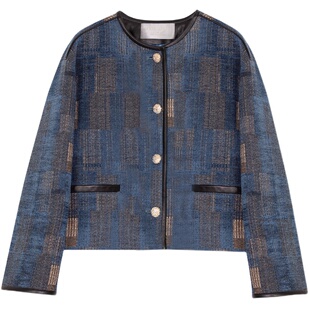 自由的阿牙/新西兰小羊皮 拼接日本割绒蓝格 金扣小香外套