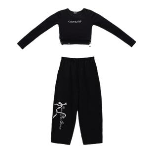 CBXLAB儿童街舞潮牌女童黑色爵士舞短款露脐上衣速干跳舞运动裤潮