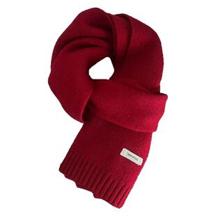 100%绵羊毛新年红针织围巾女秋冬季韩系百搭保暖加厚学生情侣围脖