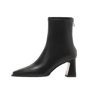 方头高跟短靴女2025秋冬新款法式皮靴黑色弹力瘦瘦靴百搭粗跟靴子