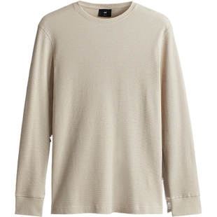 HM男装女装T恤春季圆领休闲时尚正肩华夫格套头长打底衫0795243