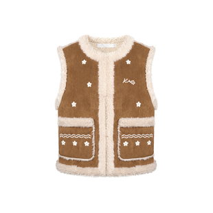 祝绪丹同款 Kroche 都市游牧 皮毛一体羊羔毛五瓣花定位绣花马甲