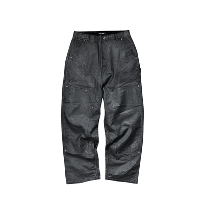 GOJOYJINNI手工刷蜡银粉涂层直筒阔腿黑色牛仔伐木裤