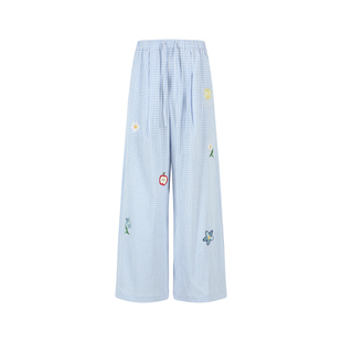 【Endweep官方店】趣味小花刺绣格子直筒裤女宽松阔腿百搭休闲裤