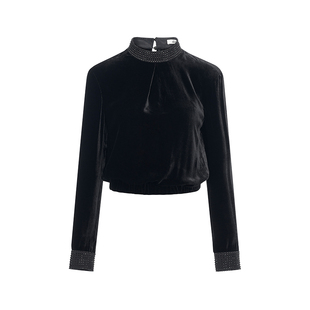【周冬雨同款】AS DALIO复古黑水晶真丝丝绒衬衫半高领烫钻上衣女