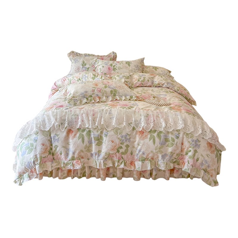 全棉韩版被套夹棉蕾丝床裙四件套