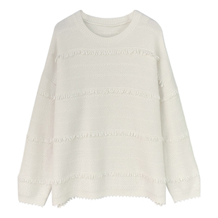 白色圆领毛衣女款2026新款冬季加厚宽松慵懒中长款流苏羊毛打底衫
