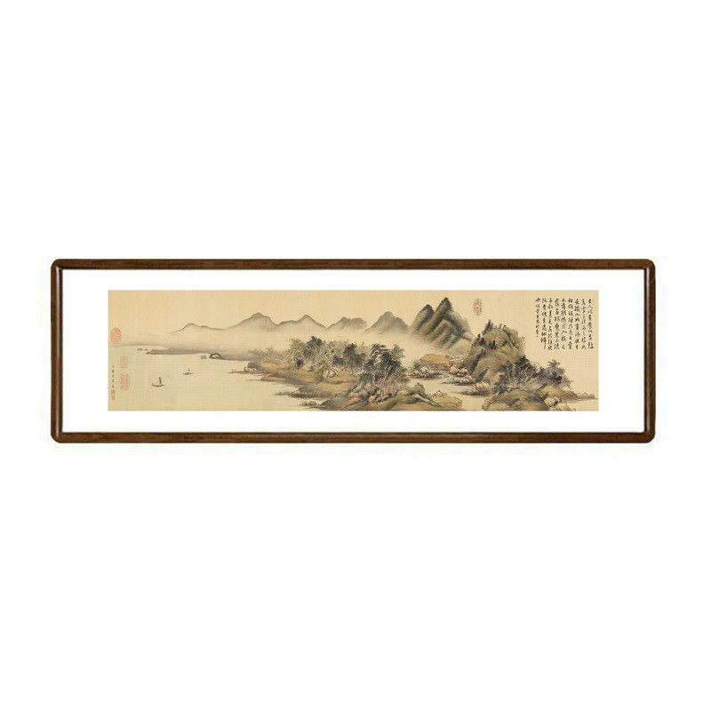 新中式烟树山亭图横版国画壁画