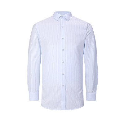 Giuseppe乔治白春秋长袖衬衫男休闲浅蓝纯棉免烫条纹衬衣绅士扣
