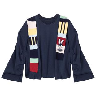 KEIKO 少女感穿搭撞色织条拼接卫衣女秋季宽松花苞型圆领套头上衣