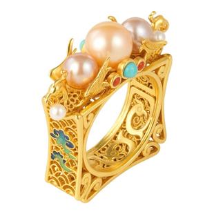 凤凰戏珠银鎏金戒指非遗花丝镶嵌珍珠镂空宫廷风古法珐琅彩银指环