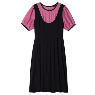 大码胖MM百褶背带裙假两件套装2023年夏季新款时尚百搭显瘦连衣裙