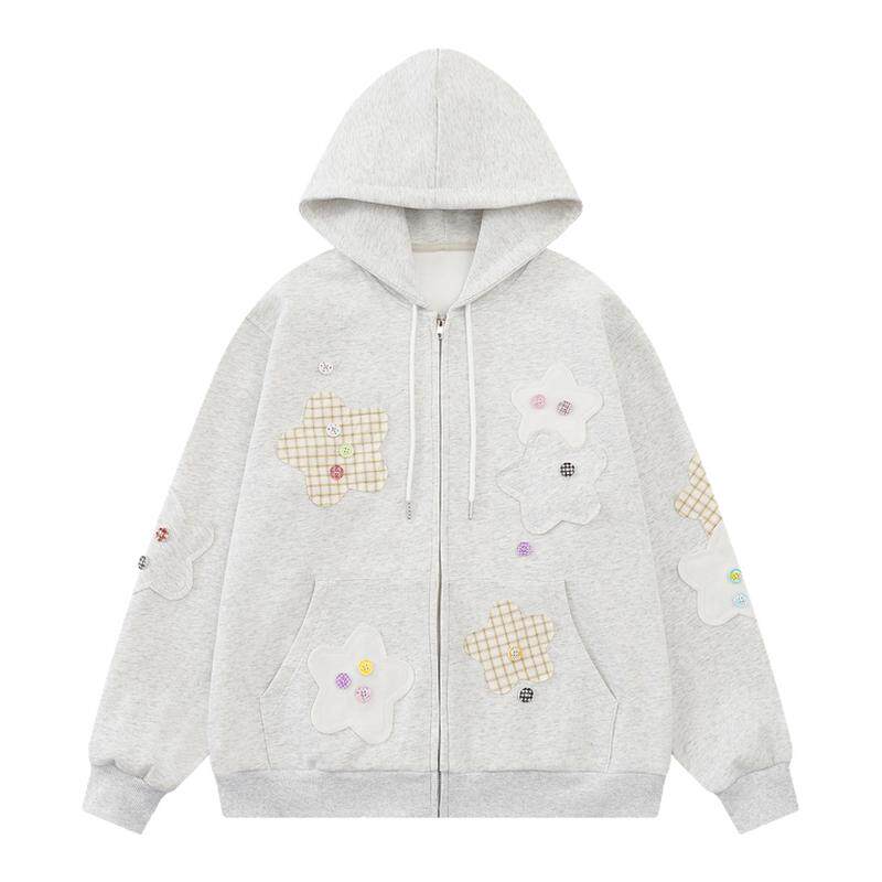 MoCreation 可爱风连帽拉链卫衣女宽松花朵贴布少女灰色开衫外套