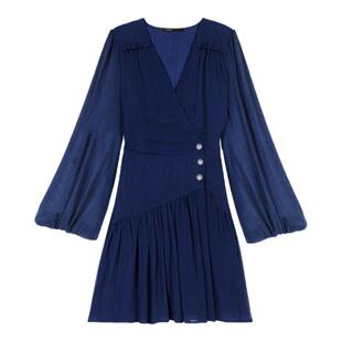 Maje秋冬女装复古穿搭法式简约深蓝色V领长袖短款收腰修身连衣裙