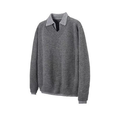 美式复古假两件v领毛衣男女情侣