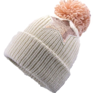 NOABAT儿童帽子秋冬季女童针织帽星星亮片公主帽大球球温暖毛线帽