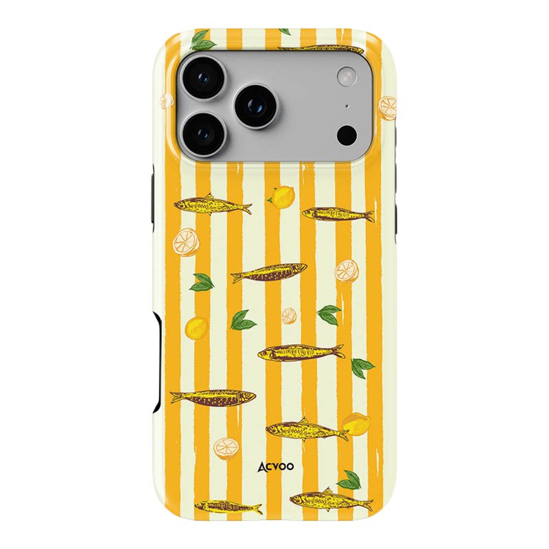 Acvoo柠檬黄白条纹沙丁鱼海洋趣味iPhone18ProMax保护17适用于16苹果15手机壳14防摔壳13不褪色12环保Air全包