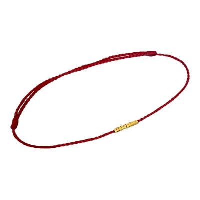 巨细纯手工编织24K纯黄金999足金极小隔片金片可调节红绳手链脚链