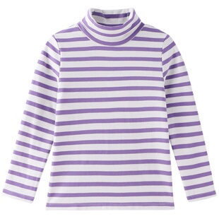 130码安奈儿女童高翻领长袖针织打底衫T恤秋季款黑白条纹外穿内搭