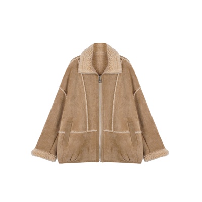 艾妮公主/2025女新款翻领拉链反绒面宽松秋冬纯羊毛外套K25121