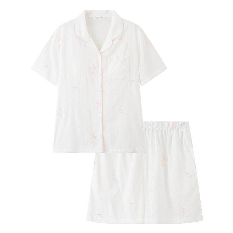 三福女夏季绣花排扣带杯睡衣套装 甜美宽松短袖家居服517841