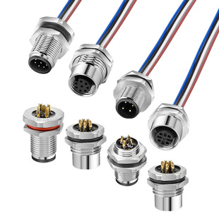 M12防水连接器法兰座航空插头4芯5芯8芯灌胶一体板装固定面板插座