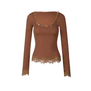 ITSNIKAR 经典U领针织衫女初秋修身显瘦打底衫性感蕾丝拼接短上衣