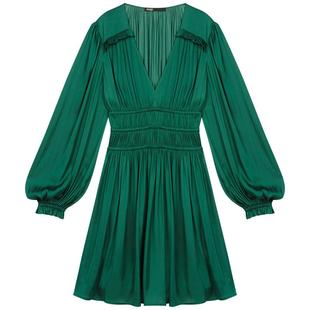 Maje春夏女装法式经典柔顺绒面深绿色灯笼袖松紧收腰短款连衣裙