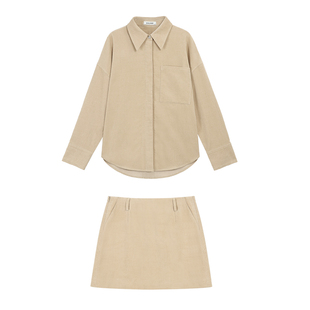 pusumede【现货5.5折】巴黎街头 灯芯绒衬衫女a字短款包臀裙套装