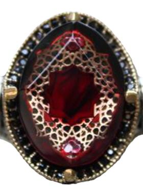 925纯银复古深红色宝石镶嵌戒指