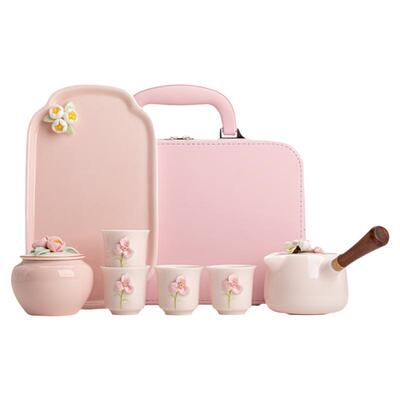 粉色捏花旅行茶具便携式茶壶茶盘