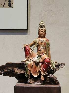 新中式家居水月自在观音菩萨客厅玄关茶室博古架鱼缸禅意佛像摆件