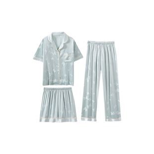 夏季新款真丝睡衣女蝴蝶高级轻奢桑蚕丝家居服三件套送女友礼盒装