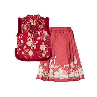 富罗迷女童套装中式过年红色2025冬季新款加厚洋气好看周岁两件套