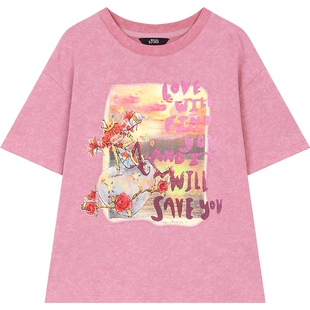 妖精的口袋粉色印花短袖t恤女2025年夏新款宽松休闲百搭小众上衣