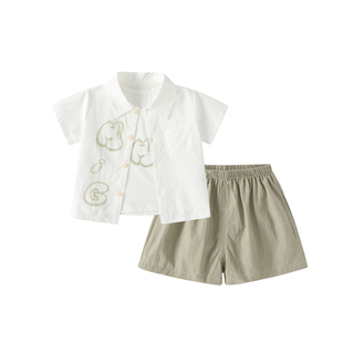 波步男童夏装套装2026新款夏季薄款男宝宝短袖衬衫三件套洋气衣服