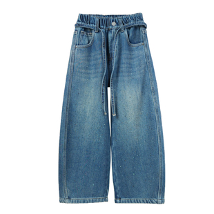 女童裤子牛仔裤阔腿裤女大童直筒裤春秋款2026新款女初中生烫钻潮