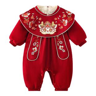 婴儿衣服秋冬装新生女宝宝红色连体衣加绒满月百天周岁礼服拜年服